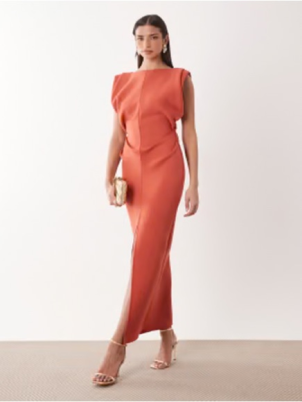 NWT DESIGN ruched waist maxi dress with structured shoulder, Rust Orange, Size 2